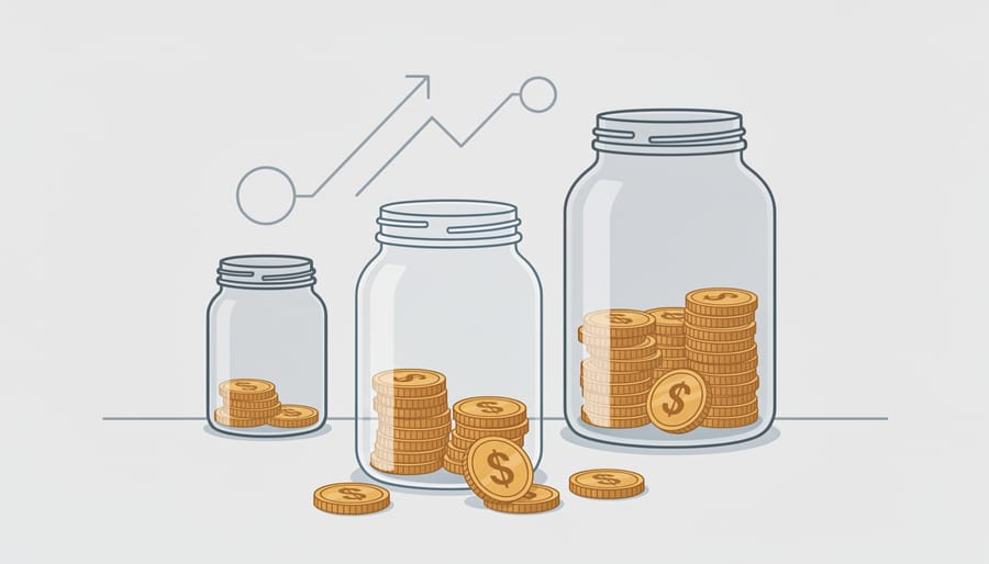 Close-up of a hand placing a coin into a glass jar on a desk