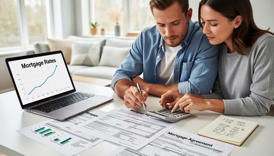 Close-up of hands writing on mortgage documents while referencing a phone calculator screen without readable text.