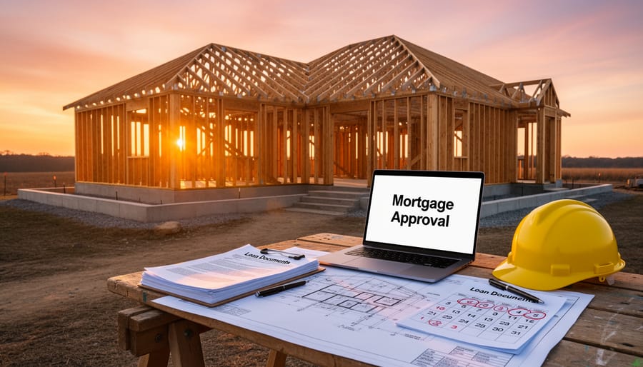 Construction crew member at a custom home framing site at golden hour