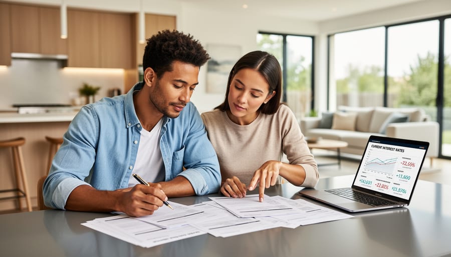 Home buyers reviewing documents in a bright living room with a view outside