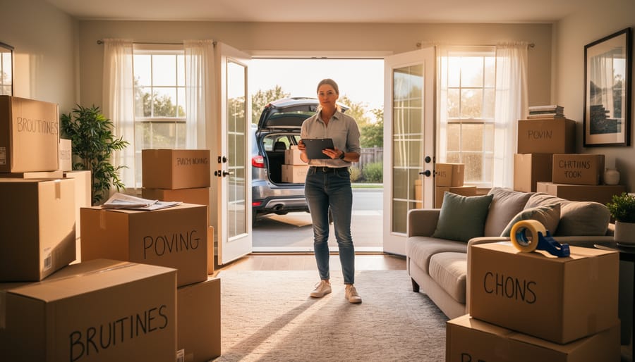 Homeowner holding a phone near the front door with moving-related items in the background