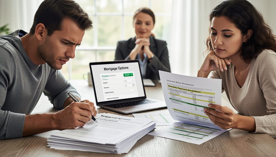 Homeowners reviewing mortgage documents together in a bright kitchen