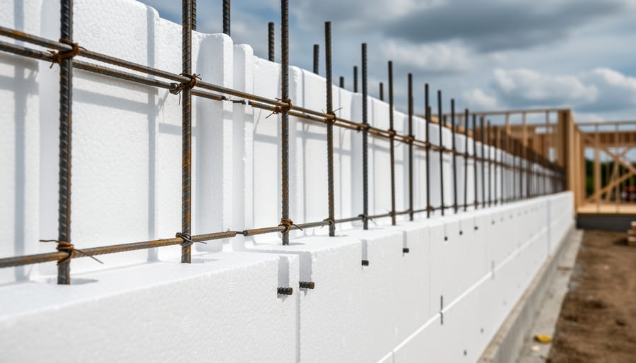 Interlocking insulated concrete form (ICF) foam blocks with steel rebar on a residential jobsite