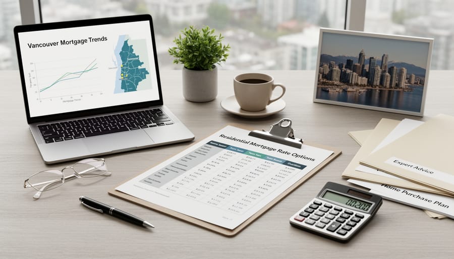 Mortgage consultation desk with calculator, notebook, eyeglasses, and keys