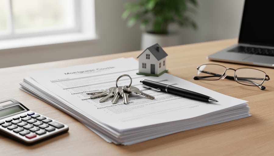 Mortgage documents and keys on a wooden table next to a calculator