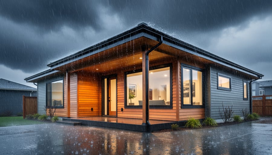 New home exterior standing firm during a rainy, windy stormy environment