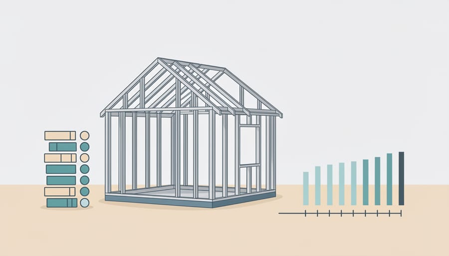 Partially built custom home construction site with framing and stacked lumber