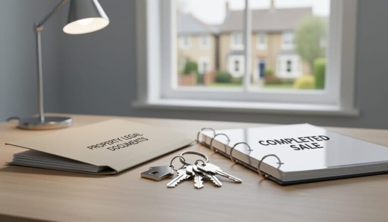 House keys resting beside UK property sale paperwork on a solicitor’s desk, conveying trusted legal handling for a quick home purchase.