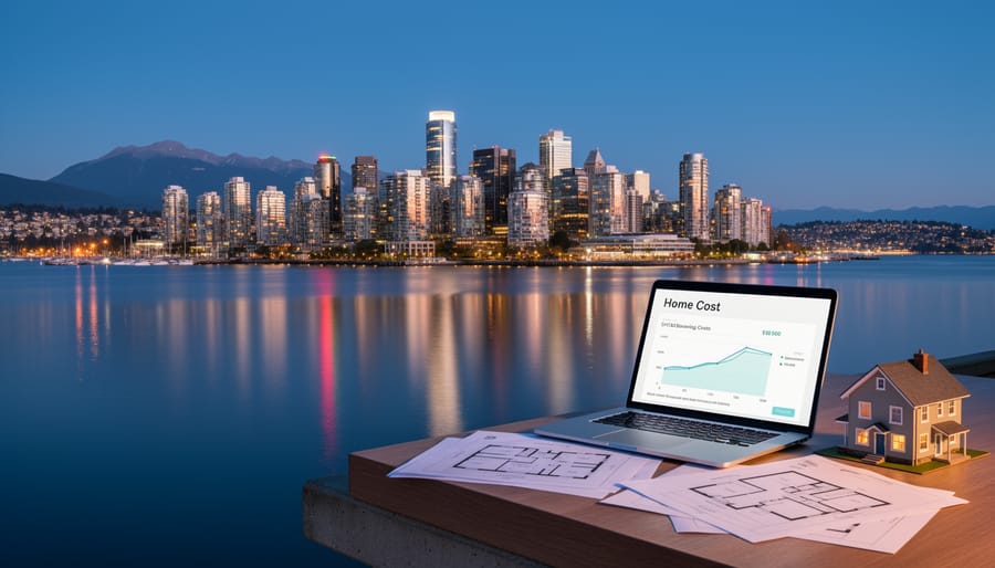 Vancouver skyline at dusk with harbor haze and illuminated buildings