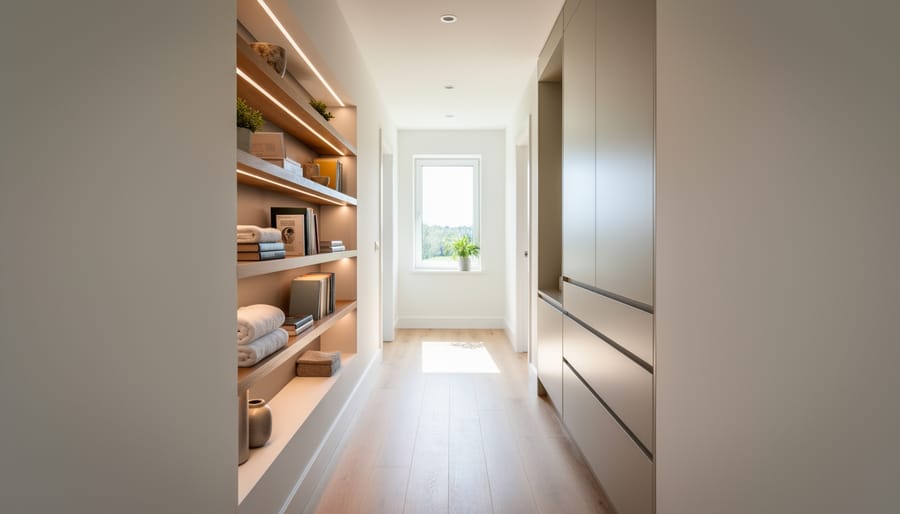 Built-in recessed niches and storage compartments in a small hallway wall.