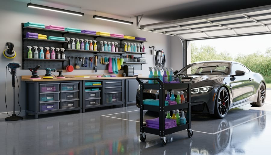 Clean home garage workspace for car detailing with organized tools, shelves, and a pressure washer.