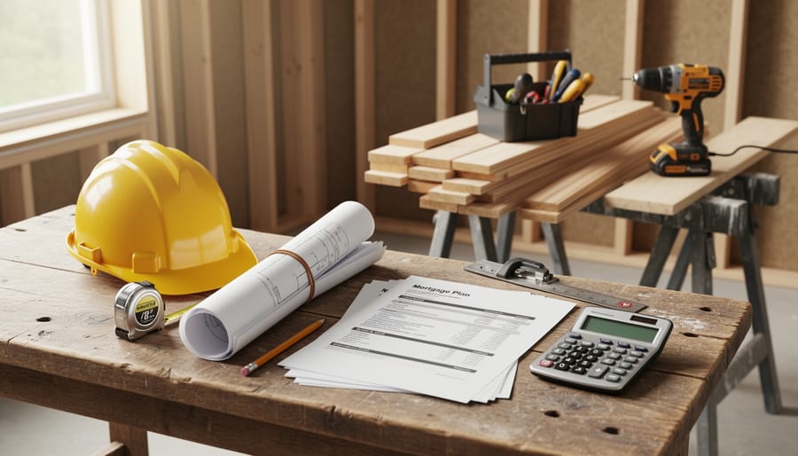Tools and measuring tape on a construction site floor near stacked building materials