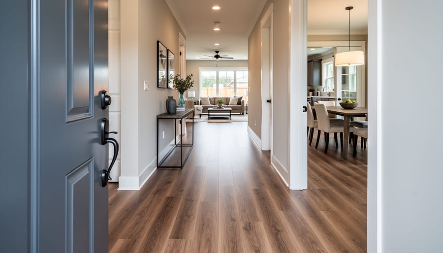 Continuous flooring extending through a narrow hallway into adjacent rooms.