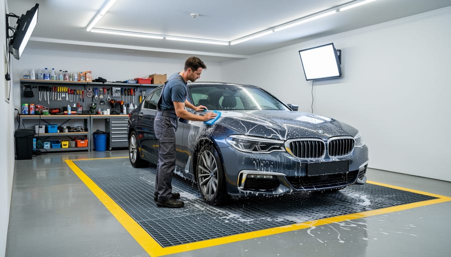 Wash zone in a home garage with pressure washer spraying onto a designated area and detailing tools nearby.