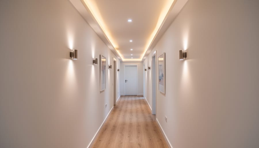Recessed lighting and a wall sconce layered in a small hallway to brighten the space.