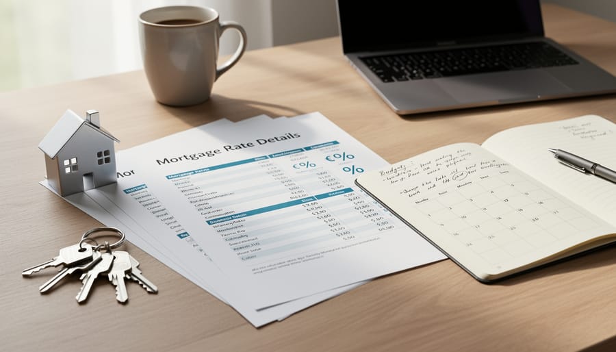 Hands placing mortgage documents and keys on a desk