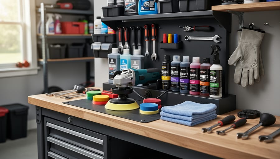 Dual-action polisher and foam pads set up on a detailing workbench in a home garage.