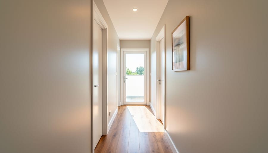 Light semi-gloss painted walls in a small hallway with reflective highlights and bright, airy lighting.