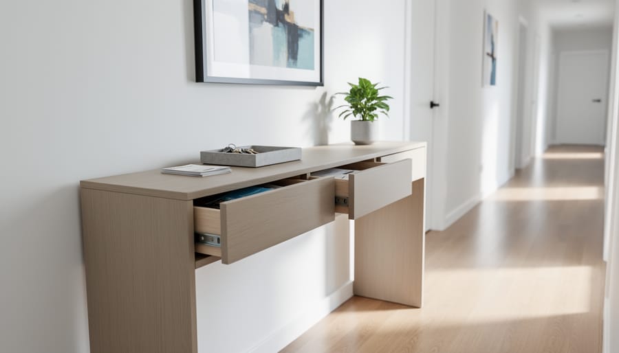 Slim console table with drawers in a narrow entry hallway, leaving clear walking space.