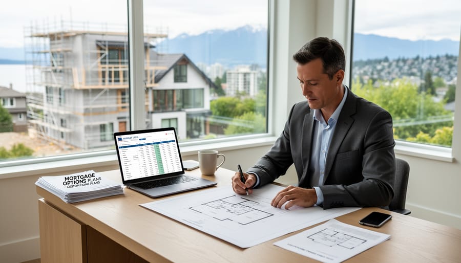 Homebuyer standing beside a partially built custom home frame in Vancouver while holding a smartphone