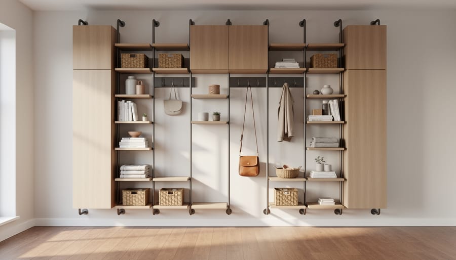 Wall-mounted hooks and floating shelves arranged vertically in a small hallway.