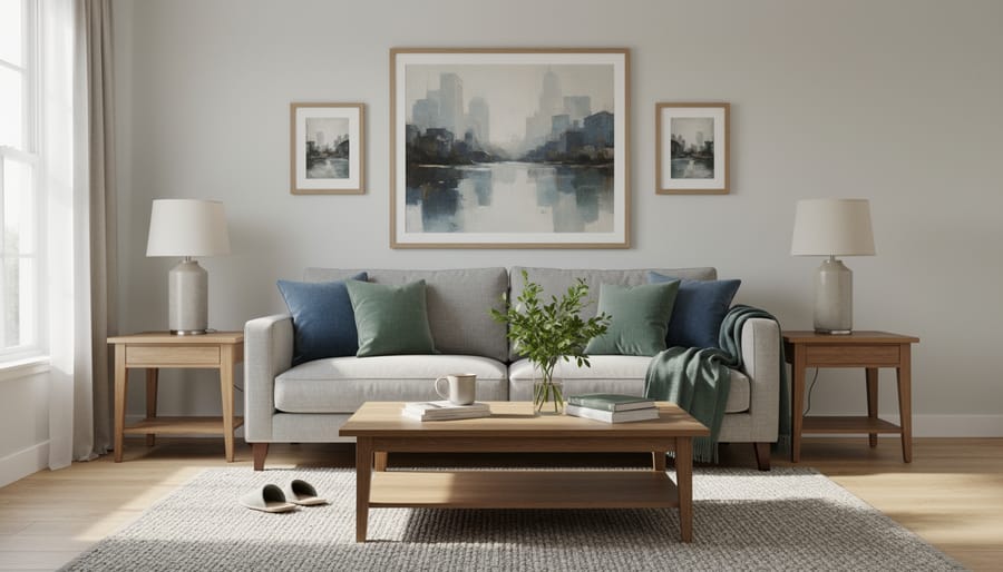 Balanced open living room with neutral seating, centered coffee table, and warm fireplace wall