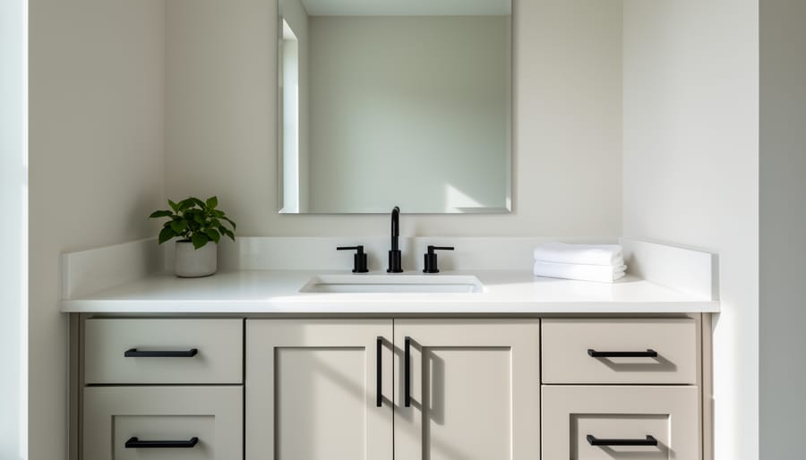 Matte black faucet and hardware in a bright powder room