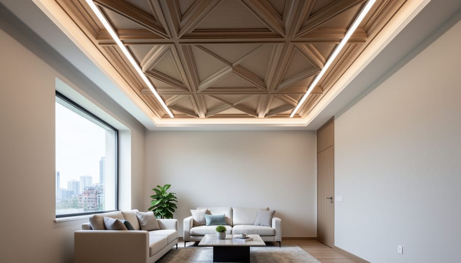 Bold treated ceiling in a dramatic powder room with vanity trim in view