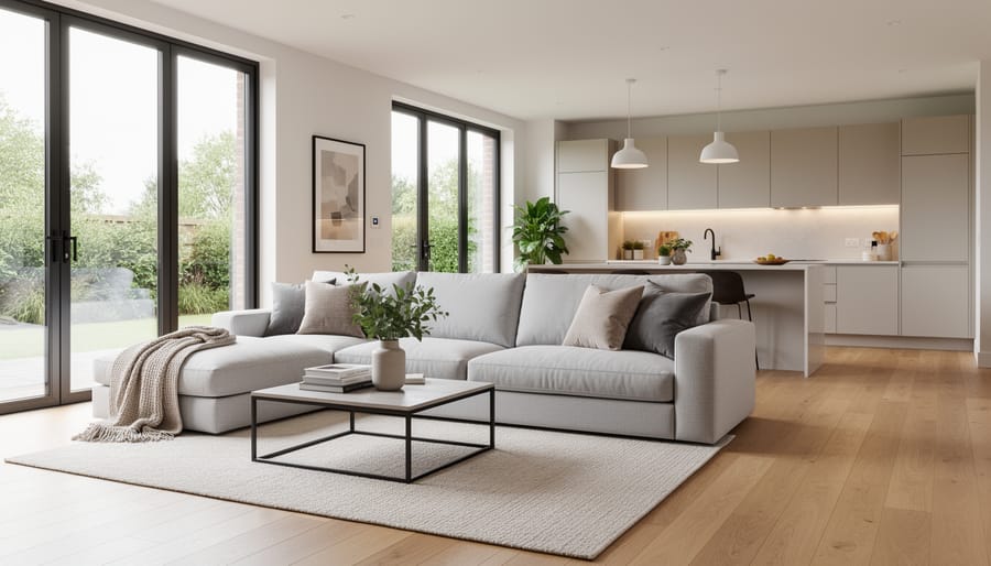A couple enjoying a bright, modern renovated living room with natural light near a kitchen island.