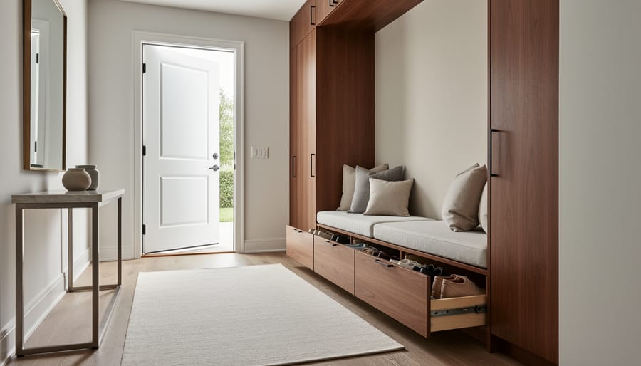 Built-in bench with concealed shoe storage in a modern hallway