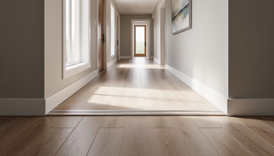 Continuous hallway flooring with a subtle material transition at a doorway