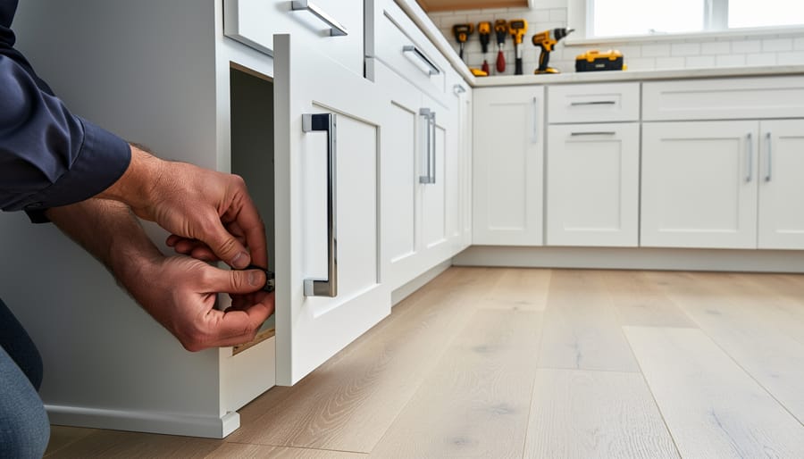 Close-up of hands applying finish to newly installed kitchen cabinetry.