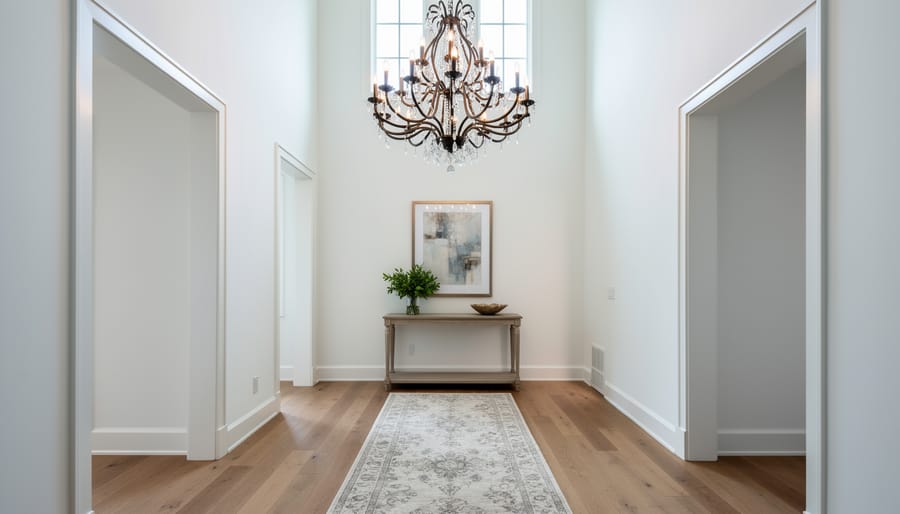 Entryway with statement chandelier and console table creating a clear focal point