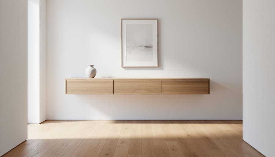 Floating console table with hidden storage in a modern narrow hallway