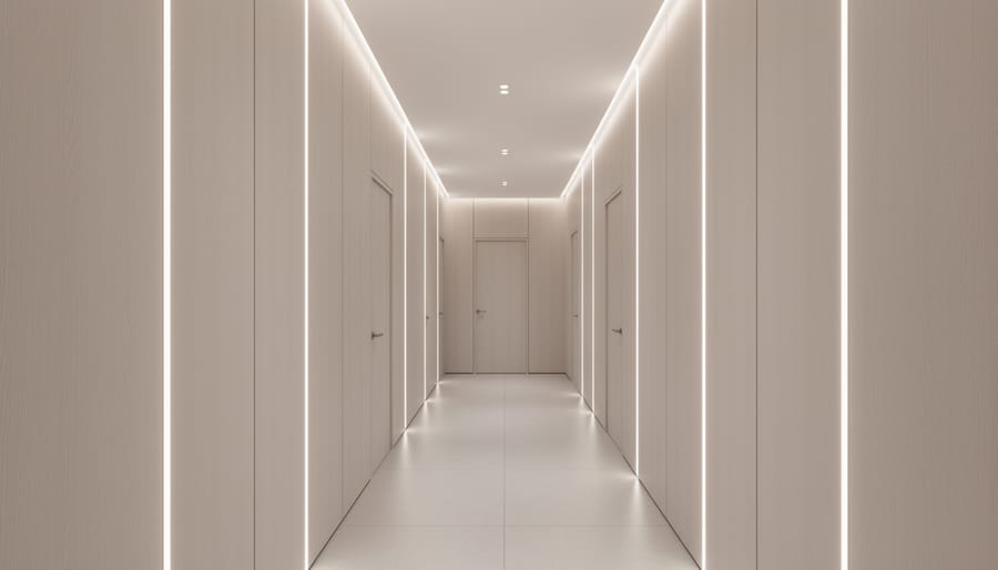 Modern hallway with floor-to-ceiling paneling and concealed vertical LED strip lighting