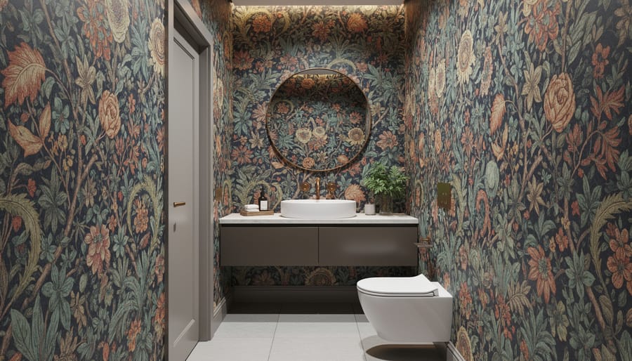 Powder room with floor-to-ceiling statement wallpaper and vanity mirror