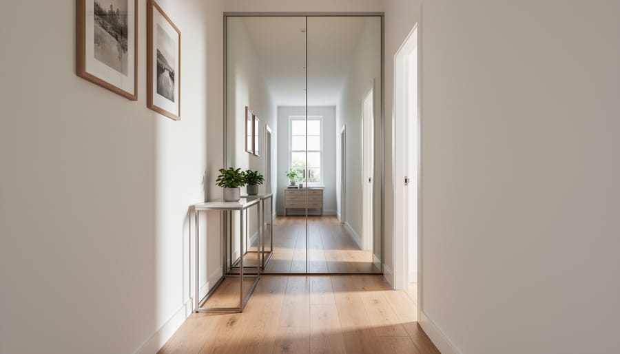 Full-height minimal-framed mirror in a modern hallway reflecting light