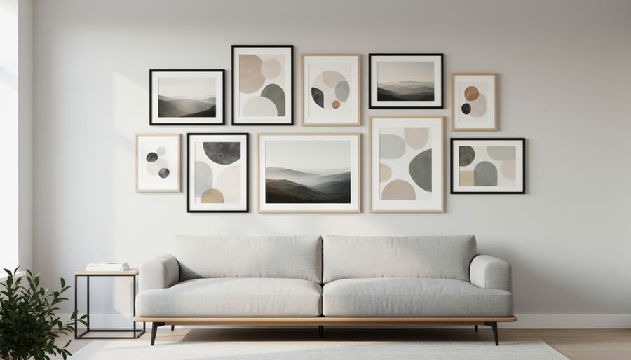 Curated modern gallery wall along a hallway with minimalist frames