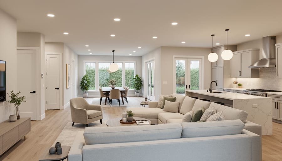 Hallway with repeated ceiling lights and consistent wood flooring creating visual rhythm