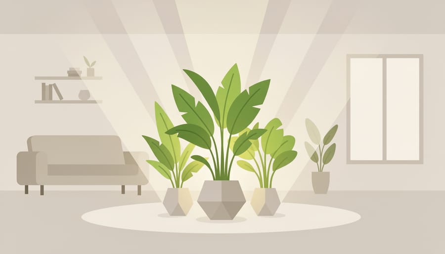 Close-up of vibrant indoor plant leaves on a windowsill in a renovated room.