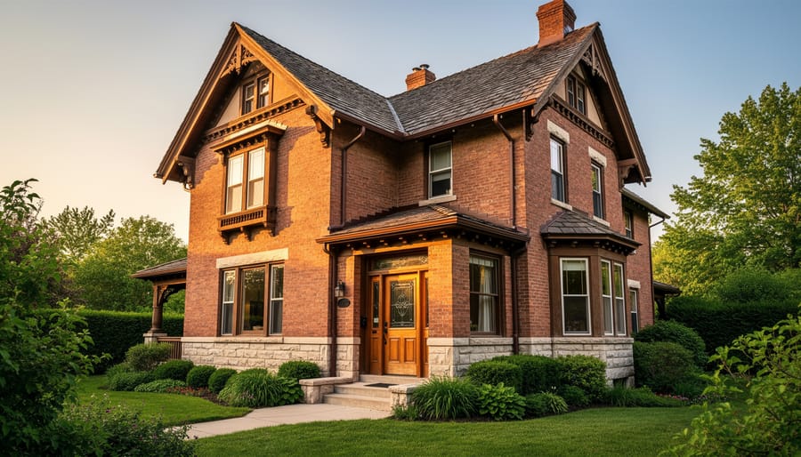 Exterior view of a well-maintained older home with heritage-style details and a pitched roof