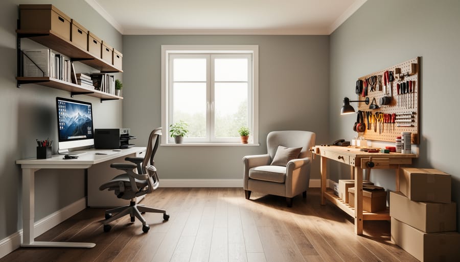 A person working in a bright renovated home office with plants and built-in storage.