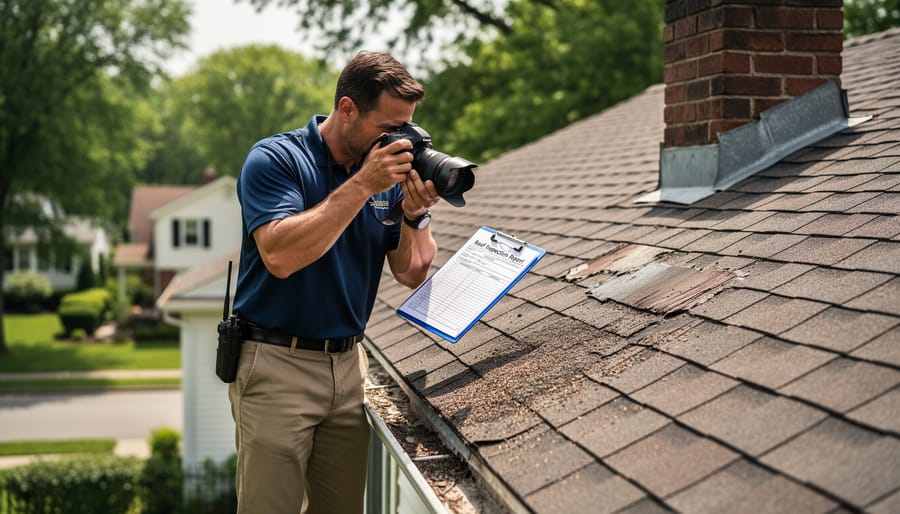 Home inspector inspecting and photographing an older home's roof materials and flashing