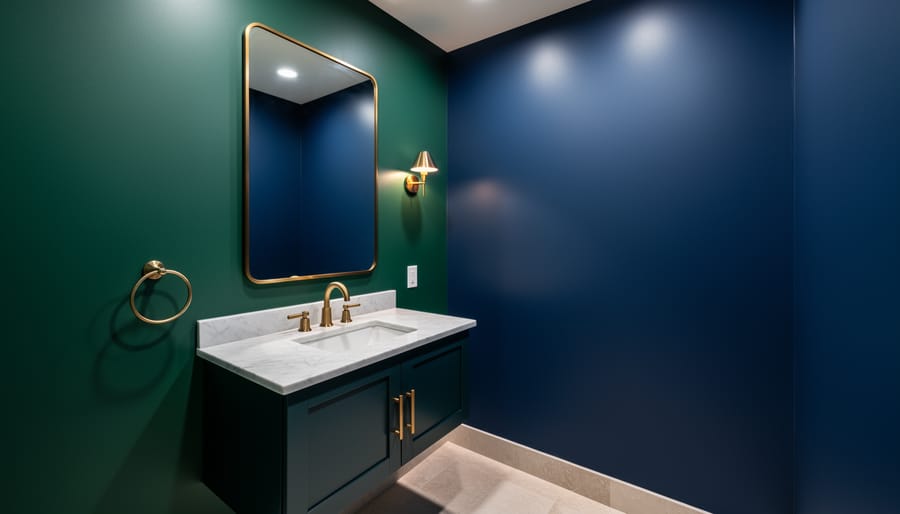Powder room with emerald jewel-tone walls and brass fixtures near a vanity mirror