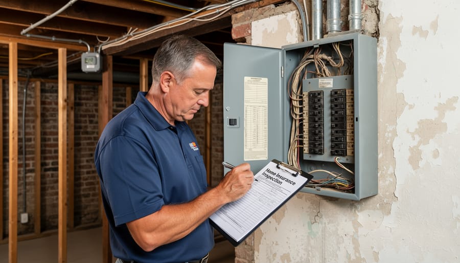 Close view of an older home electrical panel area with aged interior components