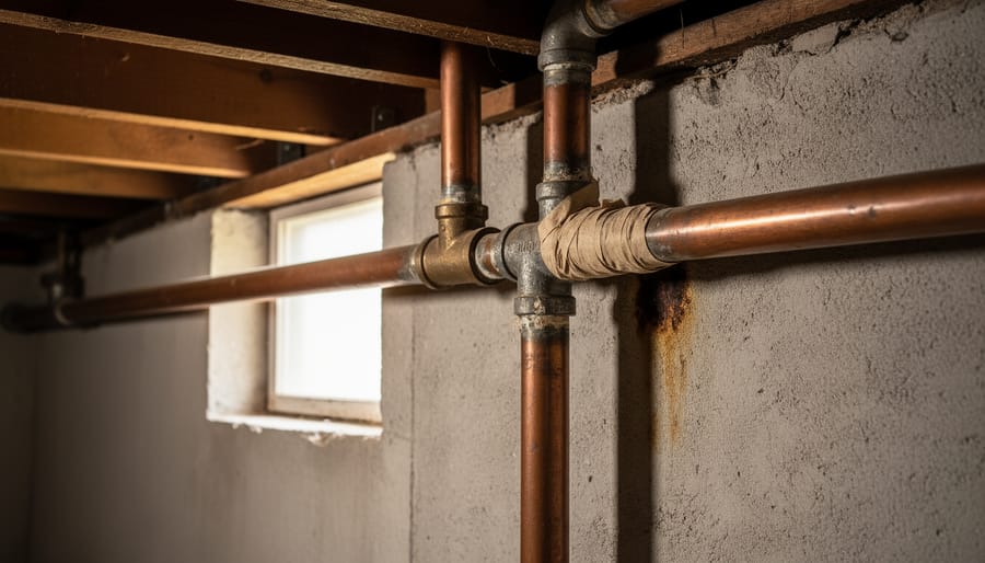 Basement utility area showing exposed older plumbing pipes and a valve