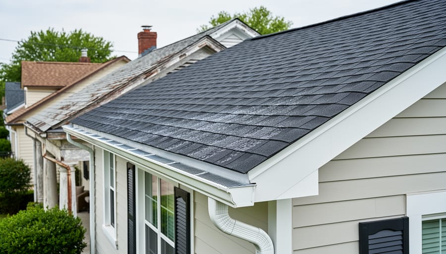 Technician installing new shingles and gutter sections on an older home roof