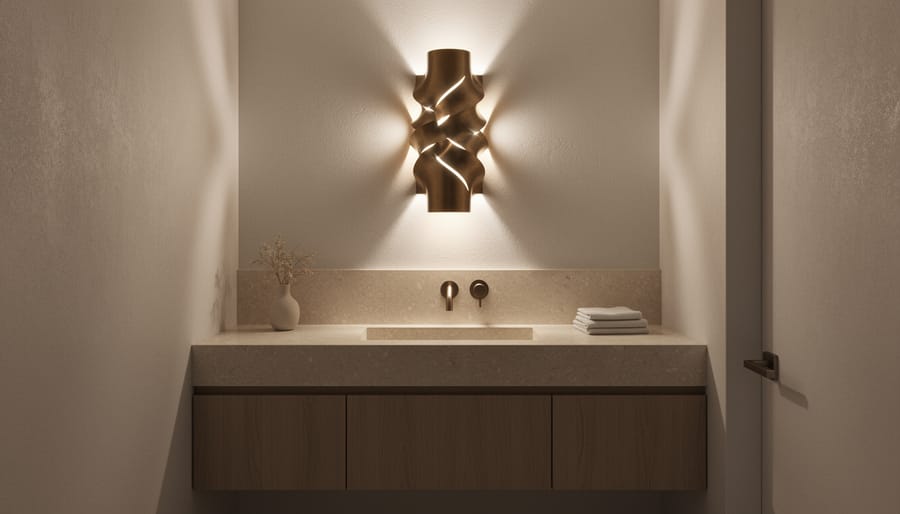Sculptural overhead chandelier lighting a powder room vanity