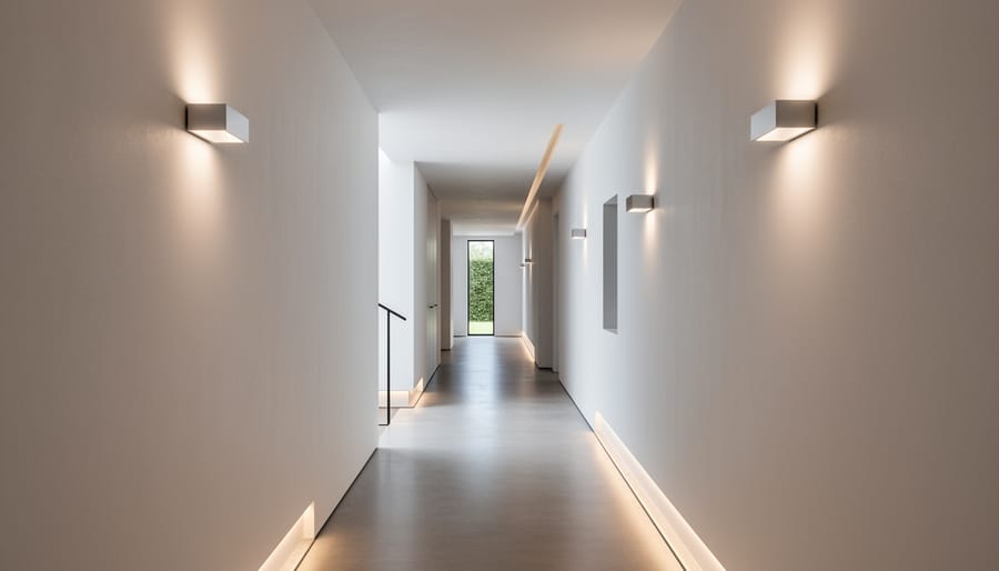 Minimalist sculptural pendant and linear light fixtures in a modern hallway
