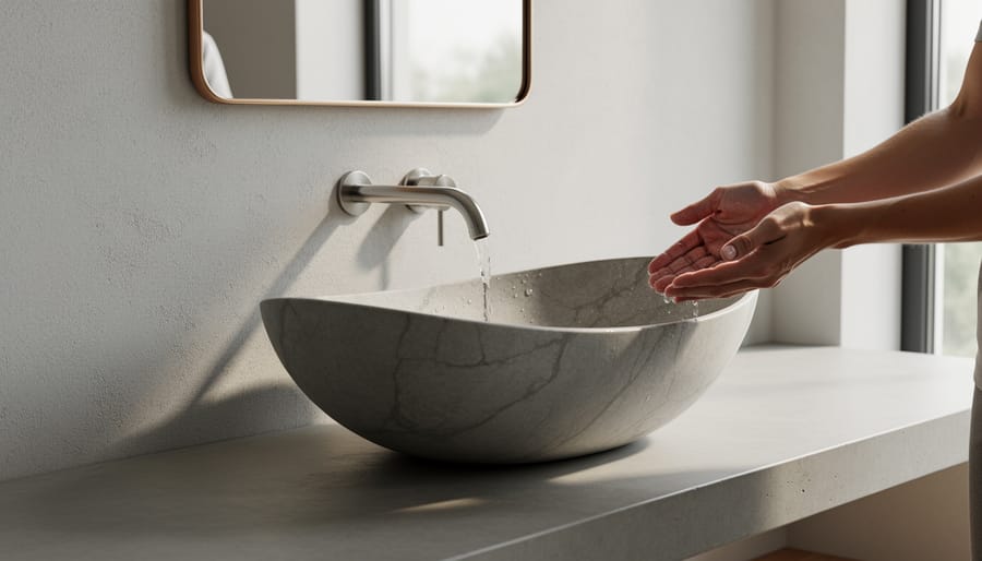 Sculptural vessel sink on a custom floating vanity in a powder room